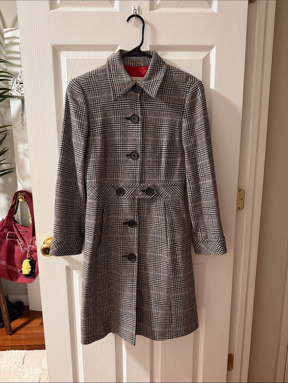 Womens Black & White & Red Houndstooth Wool Button-Front Coat / Trina Turk